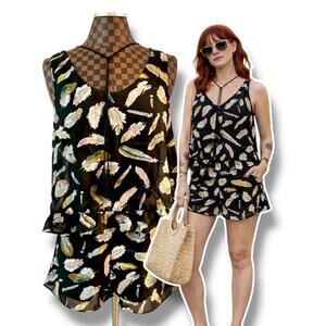 Judith March Romper Large Black Feather Print Jumper 1-Piece Peplum Ruffle Boho